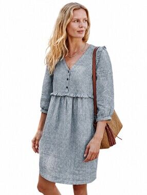 NEW Garnet Hill Blue Striped 100% Linen 3/4 Sleeve Knee Length Dress Size 12